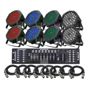Imagem de 8 Canhão Refletor Led Par 64 Rgb Triled 36 Leds 3w + Mesa + Cabos 5m -