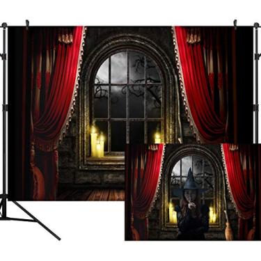 Imagem de DULUDA Cortina de fundo com tema de Halloween 2,5 x 1,8 m para o chão, varanda, lua, vassoura mágica, fundo de estúdio fotográfico, adereços para fotógrafos HW42B