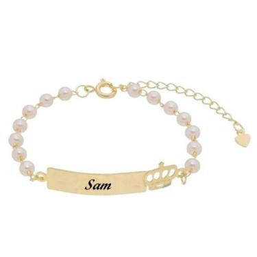 Imagem de Pulseira infantil coroa perola personalizada a laser banhado - Joias D