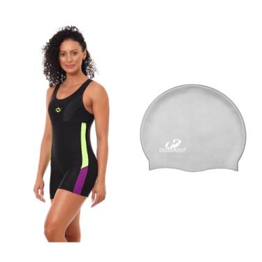 Imagem de Kit Macaquinho Feminino Natação e Touca De Silicone Grande (Preto/Amarelo/Roxo - Touca Prata, XGG)