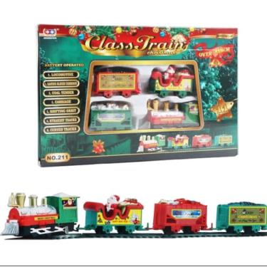 Imagem de Conjunto de trem elétrico de Natal – Conjunto de trem elétrico para crianças alimentado por bateria, Papai Noel, trem, decoração de casa, árvore de Natal, circunferência da faixa: 213 cm