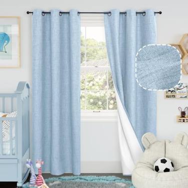 Imagem de Cortinas blecaute de linho azul bebê para berçário, 203 cm de comprimento, conjunto de 2 painéis, isolamento térmico, boho, total blackout, redução de ruído, cortinas de janela para quarto de