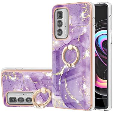 Imagem de Monwutong Capa de telefone para Motorola Edge 20 Pro, padrão de mármore IMD capa brilhante com suporte para meninas, lente de câmera e capa protetora de tela para Moto Edge 20 Pro, ZHDD roxo