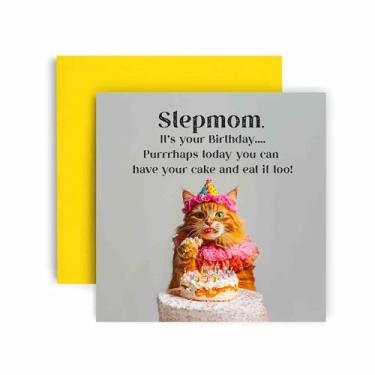 Imagem de Huxters Cartão engraçado madrasta feliz aniversário - Cat Purrhaps have Cake and Eat it too - Vale-presente para seu cartão para madrasta - 14,8 cm (Madrasta)
