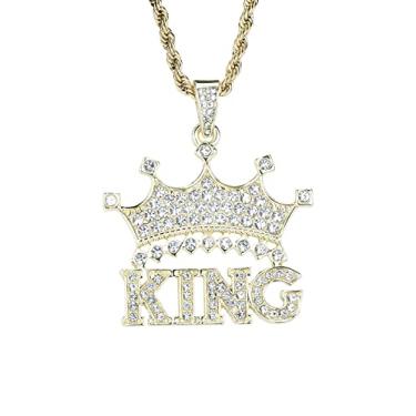 Imagem de VVCome King Letters Colar de coroa com inicial hip hop, pingente de coroa de cristal King em aço inoxidável, corrente de corda de 61 cm, Aço inoxidável, Sem Pedra Preciosa