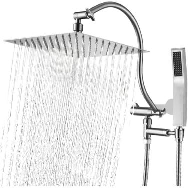 Imagem de Xuokaer Conjunto De Chuveiro Quadrado Duplo 12" Chuveiro De Chuva Cabeça De Chuveiro De Mão Haste De Chuveiro Ajustável Braço De Extensão Curvo Tee Diverter Com Suporte De Chuveiro Atualização De B