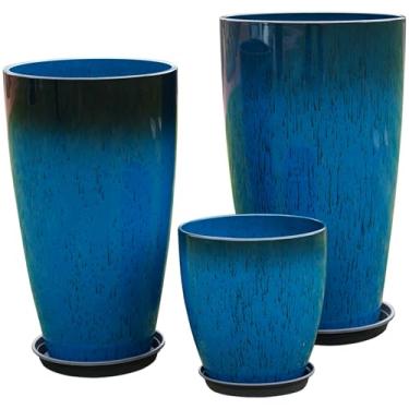Imagem de MinCHI257 Vasos de plástico grandes de 61,58 cm com orifício de drenagem e pires - Conjunto de 3 vasos de plantas altos para ambientes internos e redondos e externos