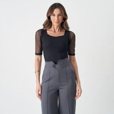 Imagem de Body Blusa Blusinha Manga Curta Tule Bolinha Feminino Decote - Swisz, 