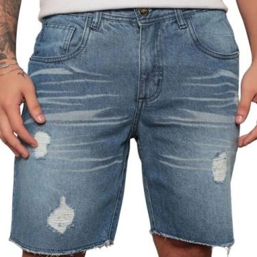 Imagem de Bermuda Jeans Masculina Delavê Clara Puídos Barra Desfiada - Invictus 
