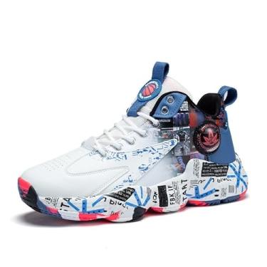 Imagem de Bolognifi Tênis de basquete masculino de cano alto, calçados esportivos antiderrapantes para corrida, botas de basquete para treinamento ao ar livre presente(Blue1,44 BR)