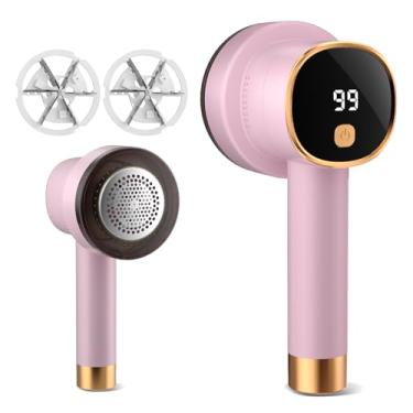 Imagem de Barbeador de tecido, removedor de fiapos elétrico recarregável com tela de LED, barbeador de fiapos, 6 lâminas, desembaçador de 3 velocidades, comprimidos para roupas, estofados, móveis, rosa