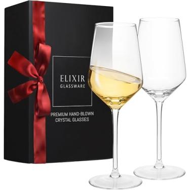 Imagem de Taças de vinho branco – Taças de vinho de cristal sopradas à mão – Conjunto de 2 taças de vinho com haste longa, cristal premium 100% livre de chumbo – Presente para casamento, aniversário de casamento, Natal – 368 g, transparente