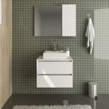 Imagem de Conjunto De Banheiro Com Gabinete Suspenso 2 Gavetas 60cm E Espelheira 80cm Branco