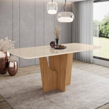 Imagem de Mesa De Jantar Com Tampo Mdf Com Vidro Canto Arredondado 180 Cm Vértice Nature- Off White