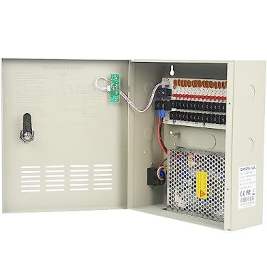 Imagem de ENS Caixa De Alimentação Distribuída Para Câmera Segurança Cctv 18 Canais, Portas Saída 10A 12V Dc - Fusível Ptc Sistema Vigilância Dvr Com Trava Chave, Regulado E Filtrado, Proteção Contra Surtos