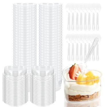 Imagem de Slomg Pacote com 50 copos de sobremesa de plástico de 142 g com tampas e colheres, copos descartáveis transparentes em forma de coração para aperitivo, tigela de servir para festa para degustação de