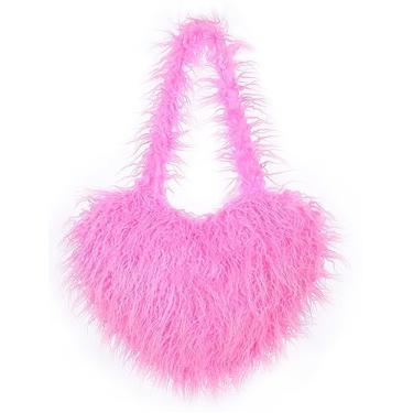 Imagem de Bolsa de ombro feminina de pele sintética de lã retrô bolsa de ombro fofa bolsa transversal bolsa de cor sólida em forma de amor, rosa