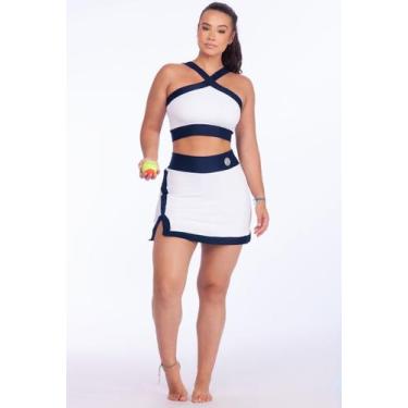 Imagem de Conjunto Beach Tennis Bicolor Tecido leve Canelado Short Saia Cintura 