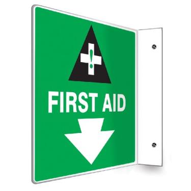 Imagem de Accuform Placa de projeção PSP712 90D, "First AID (seta)", painel de 20 cm x 20 cm, plástico de alto impacto de 0,3 cm de espessura, orifícios de montagem pré-perfurados, verde/preto em branco