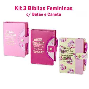 Imagem de Kit 3 Bíblias Letra Grande Feminina com Harpa - Botão e Caneta RC - RE