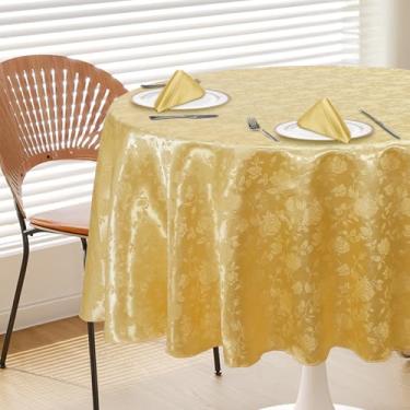 Imagem de Cobedzy Toalha de mesa dourada de cetim redonda de 152 cm, toalha de mesa jacquard resistente a manchas, sem rugas, capa de mesa macia e sedosa para sala de jantar/festa/casamento/banquete/eventos