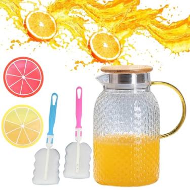 Imagem de Fycooler Jarra de vidro, jarra de água de 1,729 g com tampa e alça de bambu, jarras de chá gelado resistentes ao calor para suco, leite, café, dispensadores de bebidas frias e quentes para festas