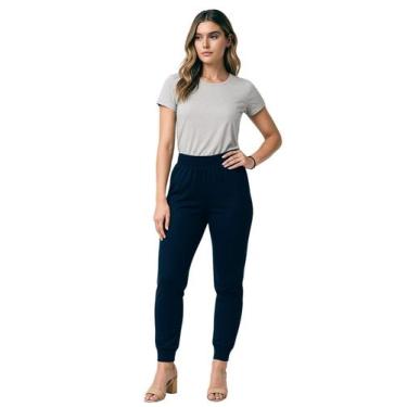 Imagem de Calça de Moletom Feminina Jogger Básica Azul Marinho Felpudo Flanelado