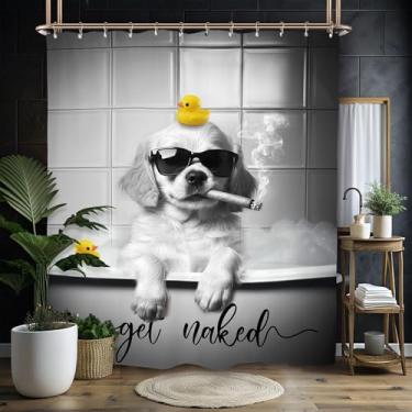 Imagem de Miyotaa Conjunto de cortinas de chuveiro engraçadas para cães 152 cm L x 183 cm de altura Animal Hilarious Get Naked Animal Puppy Cool Pet Kids Interessante Impermeável Cortina de banheiro com 12