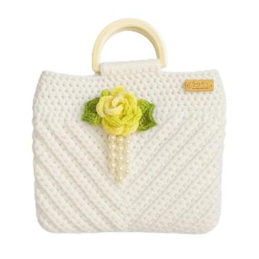 Imagem de Bolsa de Crochê Artesanal com Flor Amarela, Alça Rígida, Decorada com Pérolas, Branca