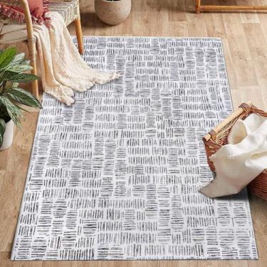 Imagem de ESSMOKO Tapete de área para sala de estar, estilo nórdico, moderno, tapete de quarto, tapete de lã artificial, lavável na máquina, fácil de cuidar, 180 x 275 cm, listras curtas cinza