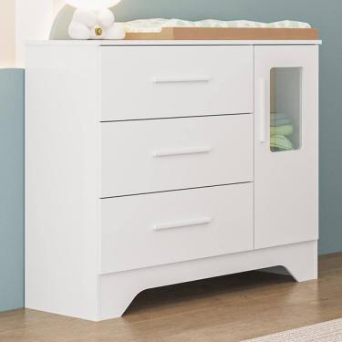 Imagem de Cômoda Infantil Popy Retrô Plus 1 Porta Com Janela E 3 Gavetas Branco Brilho - Móveis Peroba