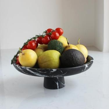 Imagem de Tigela de frutas de mármore preto natural para balcão de cozinha 26 cm, pedestal grande decorativo para decoração de casa, suporte de frutas para mesa de jantar - Organização de cozinha