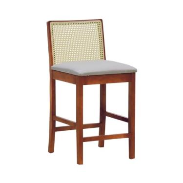 Imagem de Banqueta Média Pérola Madeira Maciça Telinha c/ 62cm - Amêndoa - Assento Estofado Linho Bege