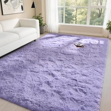 Imagem de DweIke Tapetes roxos de lavanda fofos para quarto, sala de estar, 1,5 x 2,3 m, tapete macio de pelúcia lilás roxo para meninas, meninos, crianças, antiderrapante, lavável na máquina para decoração de
