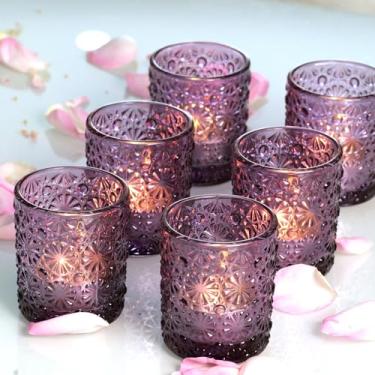 Imagem de Kinoue 12 peças de castiçais votivos roxos, castiçais de vidro de flor vintage a granel, castiçais tealight para decoração de mesa de casamento, Natal, festa, feriado