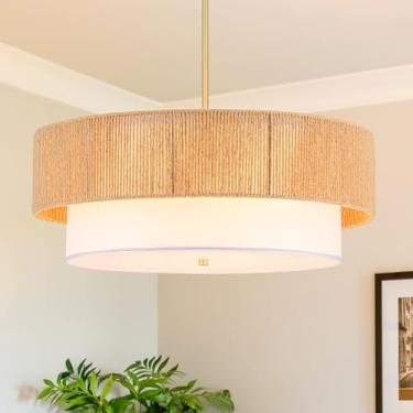 Imagem de Lustres de vime de fazenda de 61 cm para sala de jantar, luminárias boho de 3 luzes com pingente de vime com lustres de tambor de sombra de tecido para quarto, sala de jantar, hall de entrada, cozinha