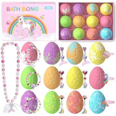 Imagem de Bombas de banho infantis para meninas com brinquedos dentro, pacote com 12+1 bombas de banho de unicórnio com joias surpresa para crianças, bombas de banho de princesa com colar de sereia, presentes