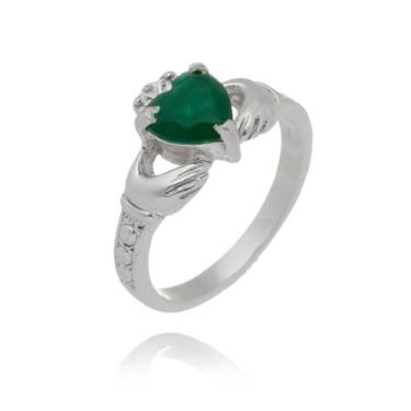 Imagem de Anel Solitário Claddagh Pedra Esmeralda Prata 925 Kl - Juniorjoiaspira
