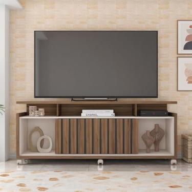 Imagem de Rack Bancada Eldorado 160cm MDP Porta Ripado de Correr Nogueira/OffWhite G11 - Gran Belo