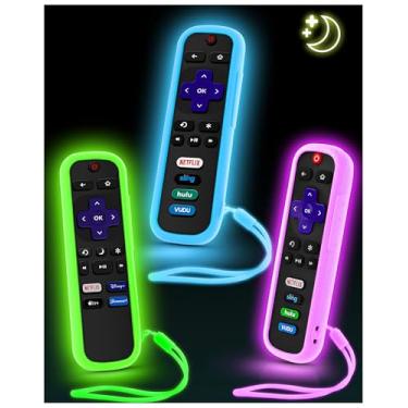 Imagem de Pacote com 3 capas para controle remoto Roku, capa para controle remoto Hisense/TCL Roku | Controle de substituição universal | Capa de silicone | Brilha no escuro | Cordão brilhante | Verde brilhante