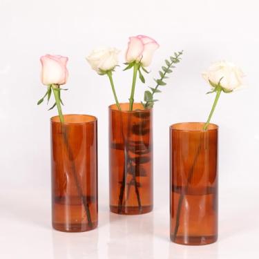 Imagem de Vasos de vidro para flores, vasos de vidro com nervuras âmbar de 20 cm de altura, suporte de vela flutuante para centros de mesa, vaso de mesa de vidro decorativo para aniversário, casamento, presente