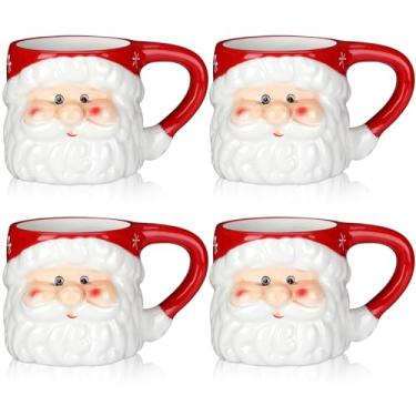 Imagem de Sliner 4 peças de canecas de café de Natal Papai Noel 325 ml Vintage Papai Noel cabeças de cerâmica conjunto de xícaras de design temático de Natal para café chá chocolate quente presentes de Natal