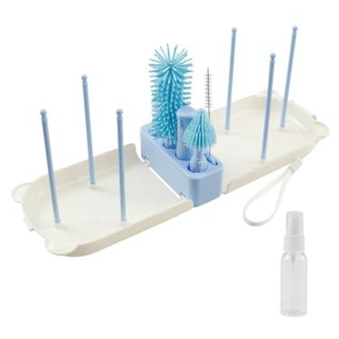 Imagem de Escova de mamadeira, kit de limpeza de mamadeira de viagem 7 em 1, prateleira portátil para secar copos com 6 varas de suporte de drenagem multiuso para viagens em casa (céu)