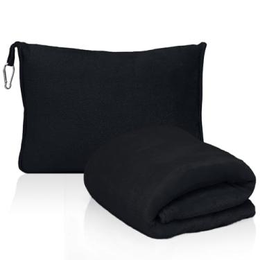 Imagem de DTXIAQIAO Cobertor e travesseiro conversível 2 em 1 - ultramacio, compacto e embalável com manga de bagagem de mão e clipe de mochila para voo e carro, preto