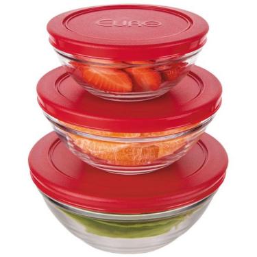 Imagem de Conjunto De Potes Redondos 3 Peças Euro Home Em Vidro Com Tampa Em Polietileno Vermelho Com Transparente