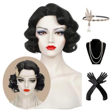 Imagem de Peruca Wiggy Mermaid Finger Wave preta dos anos 1920 Vintage Flapper