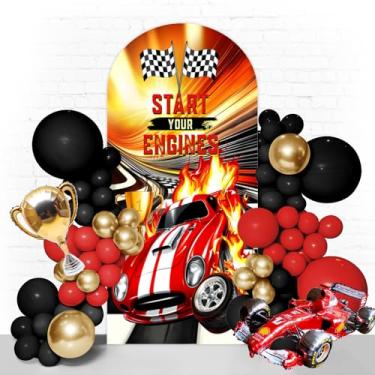 Imagem de Capa de arco de corrida de 1,8 m – Capa de fundo de arco redondo de elastano elástico dupla face com bandeira quadriculada para festas de carros de corrida e decoração de aniversário