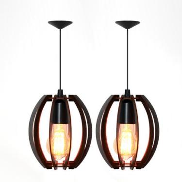Imagem de Kit 2 Luminárias Lustre Pendente de Madeira Vazado Aletado Soq E27 15x