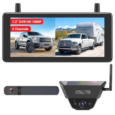 Imagem de AUTO-VOX 2 sistemas de câmera reserva sem fio solar com duas câmeras (placa de licença e portátil): monitor de canal duplo HD 1080P 1080P, câmera de backup IP69K à prova d'água para caminhão, trailer