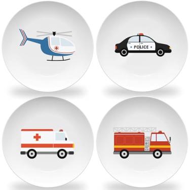 Imagem de Tiny Expressions Placas de veículos de emergência – Conjunto de 4 placas de melamina reutilizáveis com caminhão de bombeiros, carro de polícia, ambulância e helicóptero de resgate – para uso diário